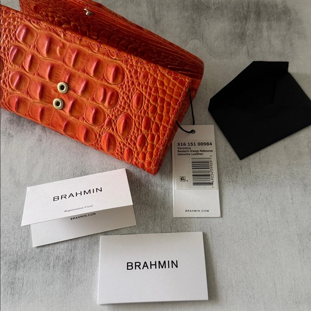 Brahmin Veronica Mandarin Orange Melbourne Gen Lth Envelope Wallet Croc Embosse